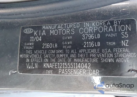 2005 Kia Spectra Ex/Lx/Sx from USA, damaged, VIN KNAFE121555114042